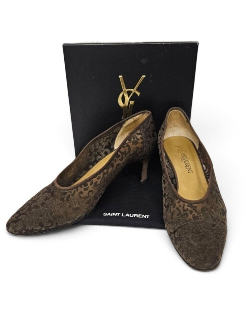 Saint Laurent Almond Toe Kitten Heels In Brown Suede And Velvet Mesh Size 9